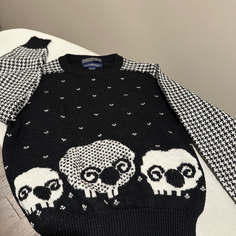 Herman Geist Hand Embroidered Wool Sheep Sweater, Vintage size small